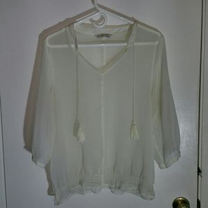 Sheer white Old Navy blouse with tassle neck tie